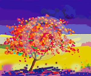 Painting landscape colorful of peacock flower tree and emotion