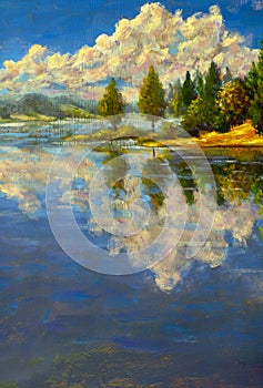 Painting landscape Lake shore with autumn trees and clouds reflected in the water