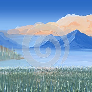 Painting of a landscape with a lake in the sunlight and clouds against a blue sky background