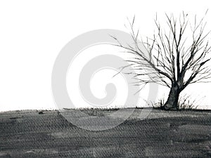 Painting landscape lonely dead tree in the winter season.