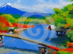 painting landscape of mountain river in the autumn season with colorful trees