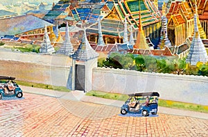 Painting landscape of Tuk tuk taxi, tourist in Thailand.