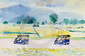 Painting landscape of Tuk tuk taxi, tourist travel in cornfield.