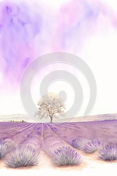 A Painting Of A Lavender Field With A Lone Tree. Generative AI