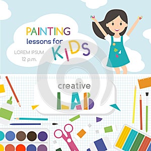 Painting lessons. Top view on art-working process. Kids creativity Lab. Banner, flyer for kids art lessons or school.