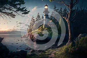 Painting of lighthouse in idyllic landscape