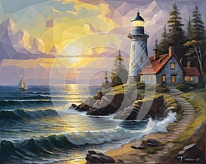 A painting of a lighthouse next to a body of water, romanticism landscape painting.