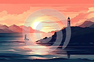 a painting of a lighthouse on a rocky shore at sunset