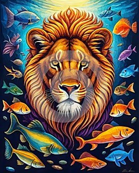 A painting of a lion surrounded by fishs.