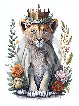 A painting of a lion wearing a crown