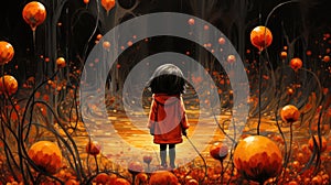 A painting of a little girl standing in a field of pumpkins. Generative AI image.