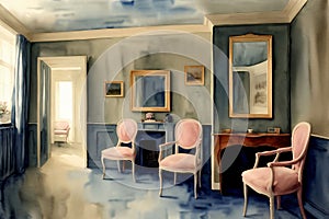 A Painting Of A Living Room With Pink Chairs. Generative AI