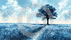 A painting of a lone tree in the middle of an open field, AI