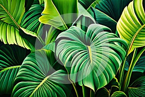 A painting lush green plant with a large leaf in the center