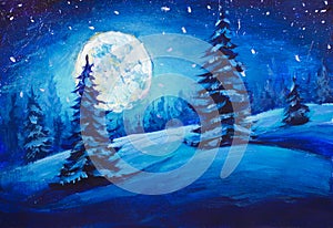 Painting Majestic Winter Night Mountain Valley. Christmas mood illustration Art.