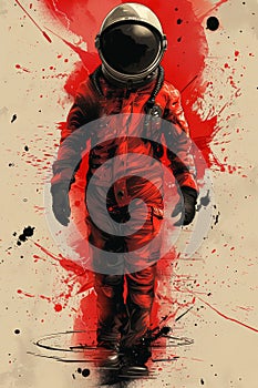 A painting of a man in an astronaut suit with red paint splats, AI photo