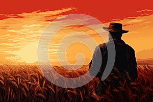 A painting of a man depicted standing tall in the midst of a golden wheat field, Silhouette of a farmer amidst a wheat field,