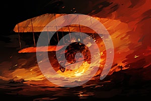 A painting of a man flying a biplane over a fire. Generative AI image.