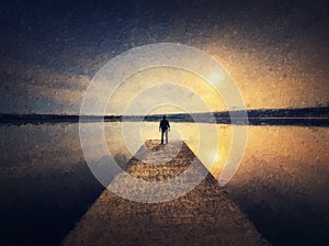 Painting of a man standing alone on the pier facing the sunset reflected on the calm lake water. Scenic view with a lonely person