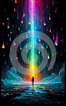 a painting of a man standing under a rainbow of light