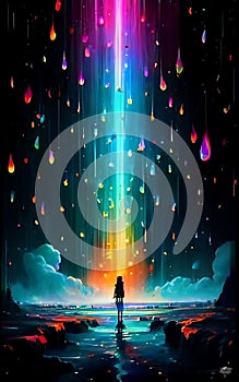 a painting of a man standing under a rainbow of light