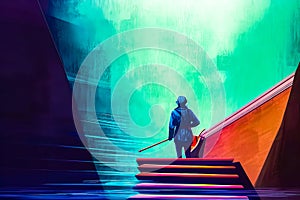 Painting of man walking up flight of stairs with paddle. Generative AI