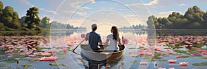 A Painting of a Man and a Woman in a Boat on a Lake. Generative AI.