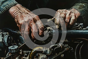 A Painting of a Man Working on a Car Engine, A close-up depiction of a mechanic\'s