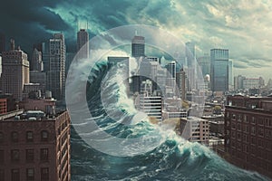 A Painting of a Massive Wave Crashing Into a City, An economic tsunami towered over a cityscape indicating a looming inflation