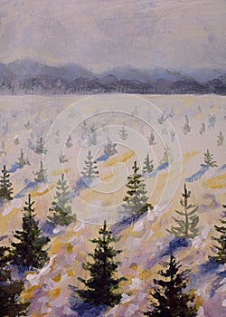 painting meadow of Christmas fir trees on a sunny winter day art
