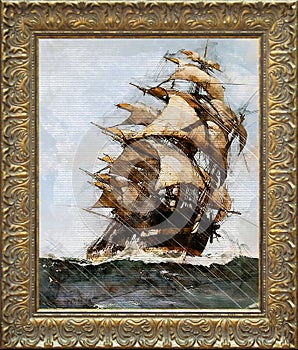 Painting of a medieval ship sailing during storm at sea, painting in a antique golden frame