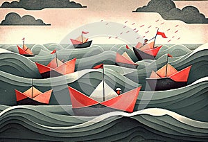 Painting men on red paper boats floatin illustration. AI generative