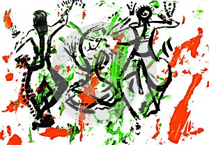 Painting with mixed media with abstract lines paints, abstract silhouettes dancing girls in an Indian costume, freehand lines