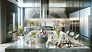 A painting of a modern kitchen with a basket of Easter eggs