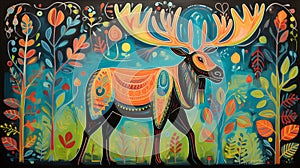 Painting of a Moose, North American Indian style