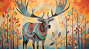 Painting of a Moose, North American Indian style