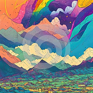 a painting of mountains with a rainbow sky in the background