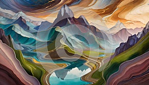 painting of the mountains and river