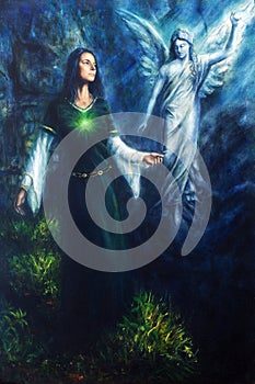 Painting of a mystical woman in historical dress having a vision