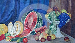 Painting oil on canvas. Still life with a watermelon, fruits and vegetables.