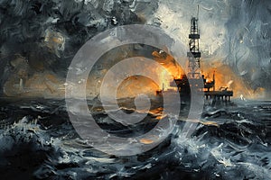 Painting of oil rig on tempestuous sea. Generative AI. photo