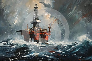 Painting of oil rig on tempestuous sea. Generative AI. photo