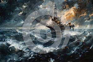 Painting of oil rig on tempestuous sea. Generative AI. photo
