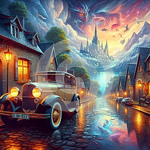 A painting of an old classic car, in a dreamy small town, lights from the houses, magic elements arounds, sci-fi, mysterious
