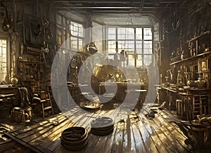 Painting of an old-fashioned leather goods workshop depicting a timeworn space filled with materials and equipment of a bygone era