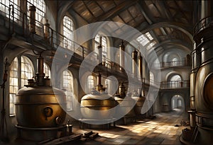 Painting of an old-fashioned whiskey distillery filled with copper stills and pipes