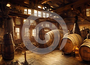 Painting of an old-fashioned whisky distillery filled with copper stills, containers and barrels. photo