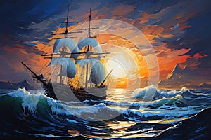 Painting of an old wooden sailing ship in a storm. Generative AI