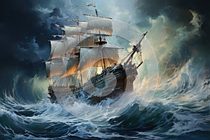 Painting of an old wooden sailing ship in a storm. Generative AI