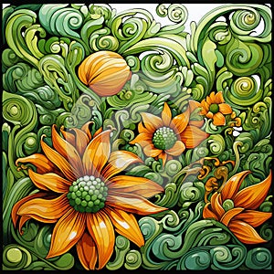 a painting of orange flowers and green swirls